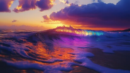 A stunning view of waves reflecting a rainbow of colors at sunset