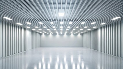 Modern empty room with white walls and ceiling lights reflecting on the floor