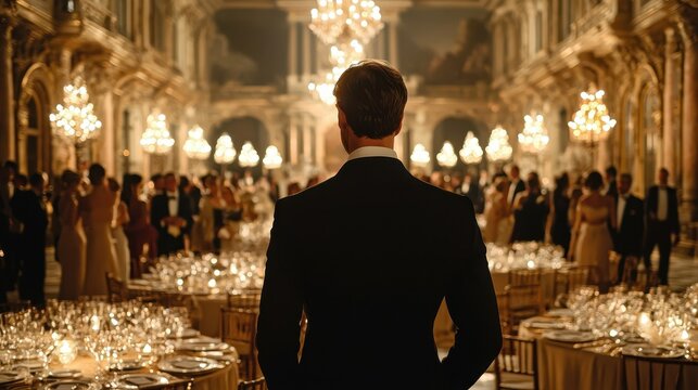 A man stands in front of a large group of people at a fancy dinner party