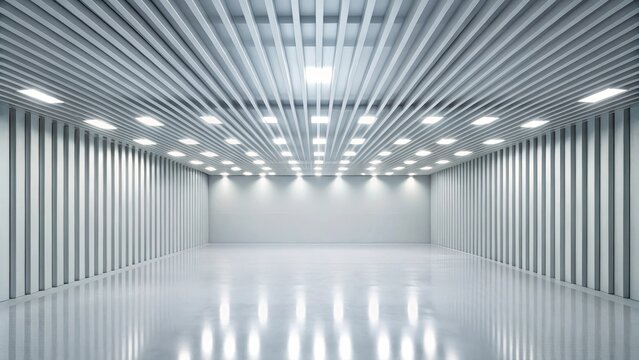 Modern empty room with white walls and ceiling lights reflecting on the floor