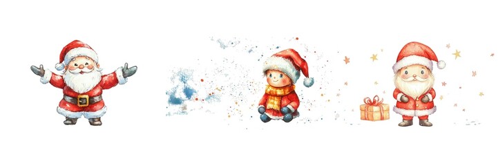 Obraz premium Watercolor Kid Santa, A festive collection of cheerful Santa characters celebrating the joy of Christmas, isolated on a white background. Isolate white background set