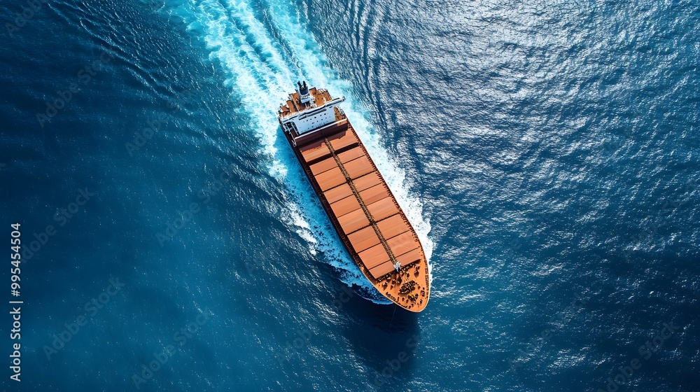 Wall mural aerial view of a cargo ship sailing on a blue ocean