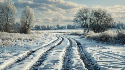 Obraz premium Snowy landscape marked by tire imprints