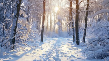 Naklejka premium Snow covered woodland scene in cold winter