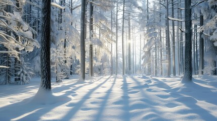 Snow covered woodland scene in cold winter