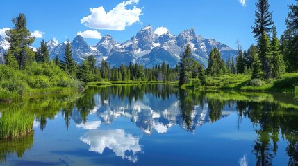 Scenic Lake View with Woods and Mountains Reflection