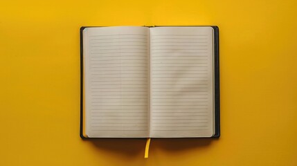 Notebook on yellow surface with empty pages