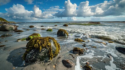 Seaweed covered stones on the beach