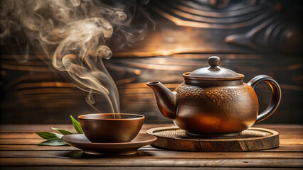 traditional teapot and cup set with steam rising creates warm and inviting atmosphere. rich textures and earthy tones enhance cozy feeling of enjoying soothing cup of tea