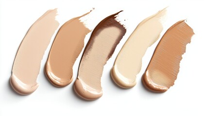 Fototapeta premium A collection of liquid foundation swatches in soft cream and golden terra tones, blending smoothly into one another.
