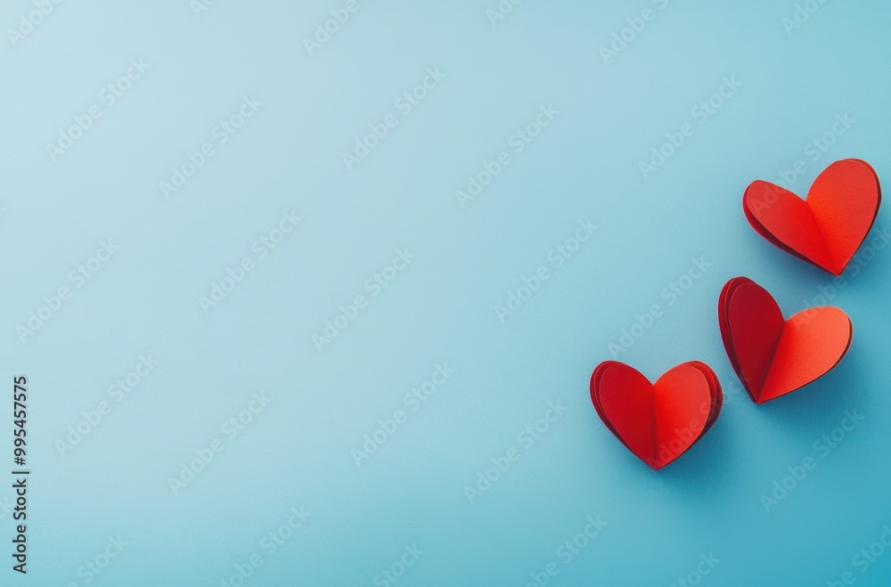 Poster minimalist background with three red paper hearts on the right side, copyspace concept, blue color b