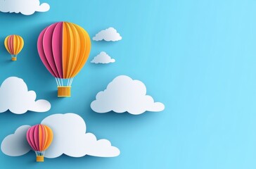 Hot air balloons and clouds on a blue background, in the style of paper cut art.