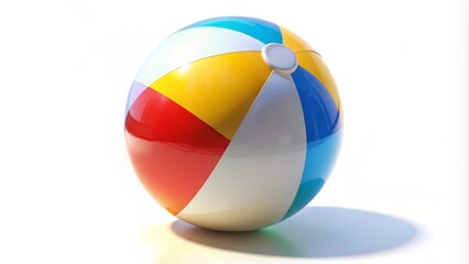 Classic inflatable beach ball with colorful panels is casting a shadow on a white background