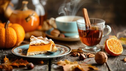 Inviting Thanksgiving Scene with Pumpkin Pie Tea Pumpkins and Walnuts