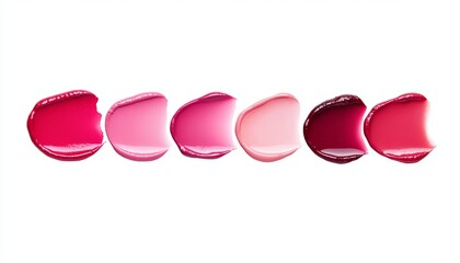 A collection of sheer, glossy lip stain swatches in shades of soft raspberry and strawberry, showcasing a natural bitten lip look.