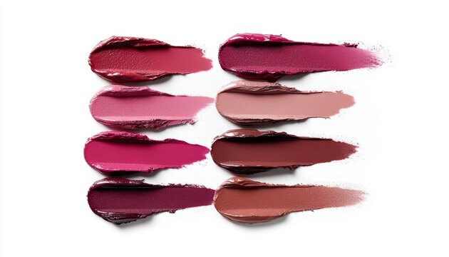 A collection of power berry lipstick swatches and neutral brown contour swatches, arranged to show their rich, creamy textures.