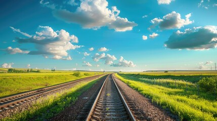 Obraz premium Scenic rural railway with green fields and blue sky