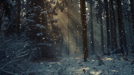 Snow descending within a forest