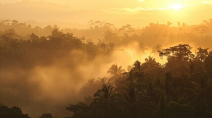 Naklejka premium Morning fog obscures sunrise in tropical rainforest