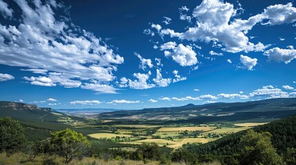 Fototapeta premium Scenic vista under clear blue skies and white clouds