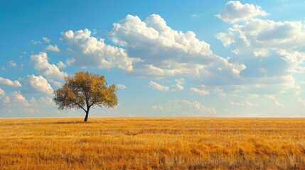 Fototapeta premium Small tree and vast golden field under sunny sky with clouds