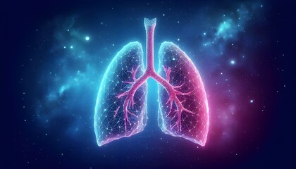 A low poly, polygonal illustration of human lungs, glowing in blue and pink, set against a starry, space-themed background representing health and technology, banner with copy space
