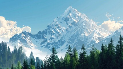 Fototapeta premium Snowy mountain peak with forest and blue sky