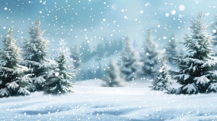 Fototapeta premium Snow covered fir trees in a mountain winter setting festive backdrop with room for text
