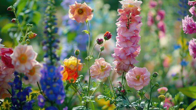 Fototapeta Home garden fresh flowers in the backdrop