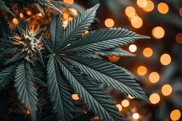 Close-up of Green Cannabis Plant with Bokeh Lights in the Background