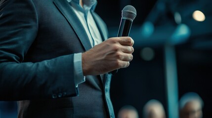 A close-up of a team leader presenting digital transformation success stories at an industry conference
