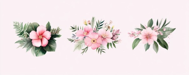 Obraz premium A collection of elegant floral arrangements featuring pink flowers and lush green leaves on a soft background.
