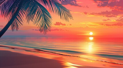 Scenic sunset beach view with palm tree for summer vacation relaxation