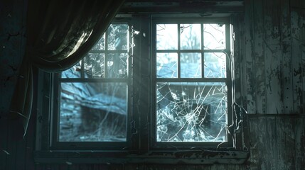 Fototapeta premium Shattered window in abandoned house scene