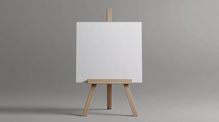 Empty artist's canvas rests on a wooden easel, ready to be filled with creativity and imagination. The neutral gray backdrop highlights the blank canvas as a place for artistic expression. 