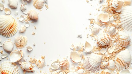 Sea shells background isolated on white with light colors