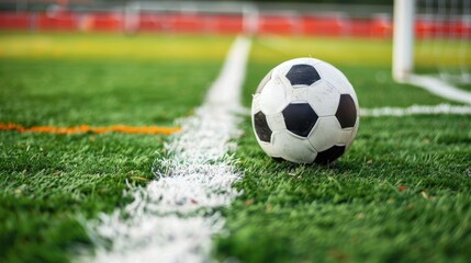 Soccer ball on field for kickoff or throw in with white line
