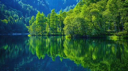 Reflection of green forest in blue river during summer
