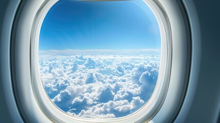 Scenic white clouds and blue sky view from airplane window