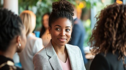 A diverse group of women networking at a business event, sharing ideas and building professional connections