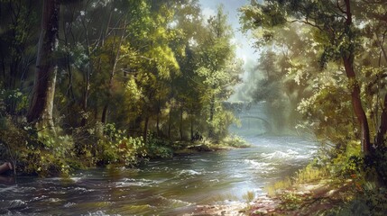 Obraz premium River landscape in wooded area