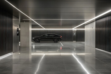 A sleek and spacious modern apartment parking space with clean lines and well-organized parking slots. The design emphasizes efficiency and functionality