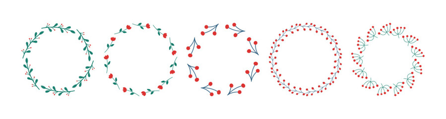 Set of wreaths on a white background. Set of round frames made of stylized twigs and flowers.