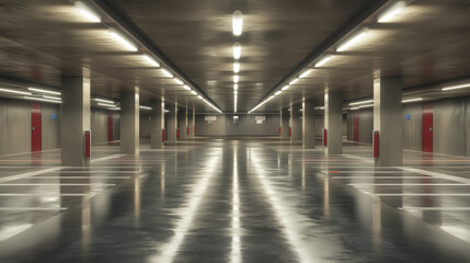 A sleek and spacious modern apartment parking space with clean lines and well-organized parking slots. The design emphasizes efficiency and functionality