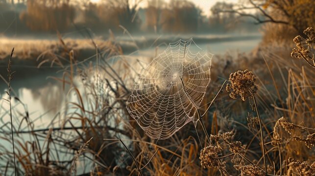 Morning riverside scene with spider web on dry plant