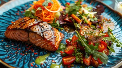 Fototapeta premium Mouth watering salmon and steak with fresh salad on blue plate