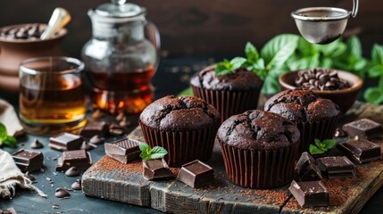 Homemade chocolate muffins and tea with a strainer