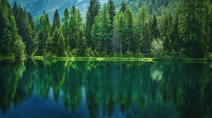 Reflection of green forest in blue river during summer
