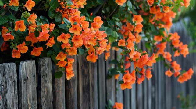 Orange Pyrostegia venusta flowers cascading over Spanish garden fence