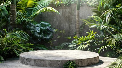 Outdoor stone podium in tropical garden with green foliage background